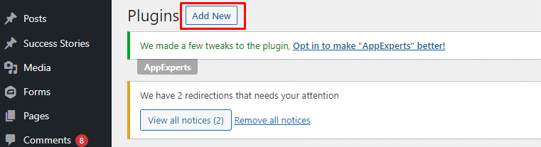 Plugin Installation - click the Add New button